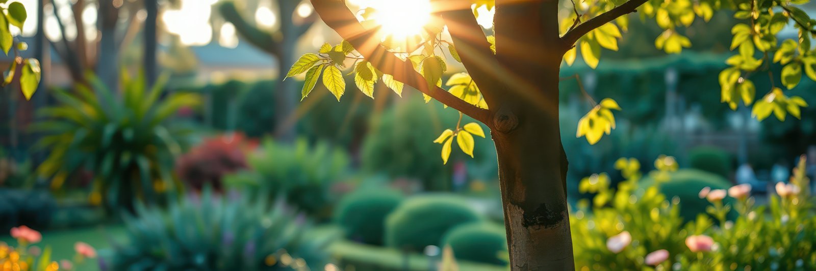 Sunlight filters through leaves in a vibrant garden during late afternoon hours in a lush outdoor space